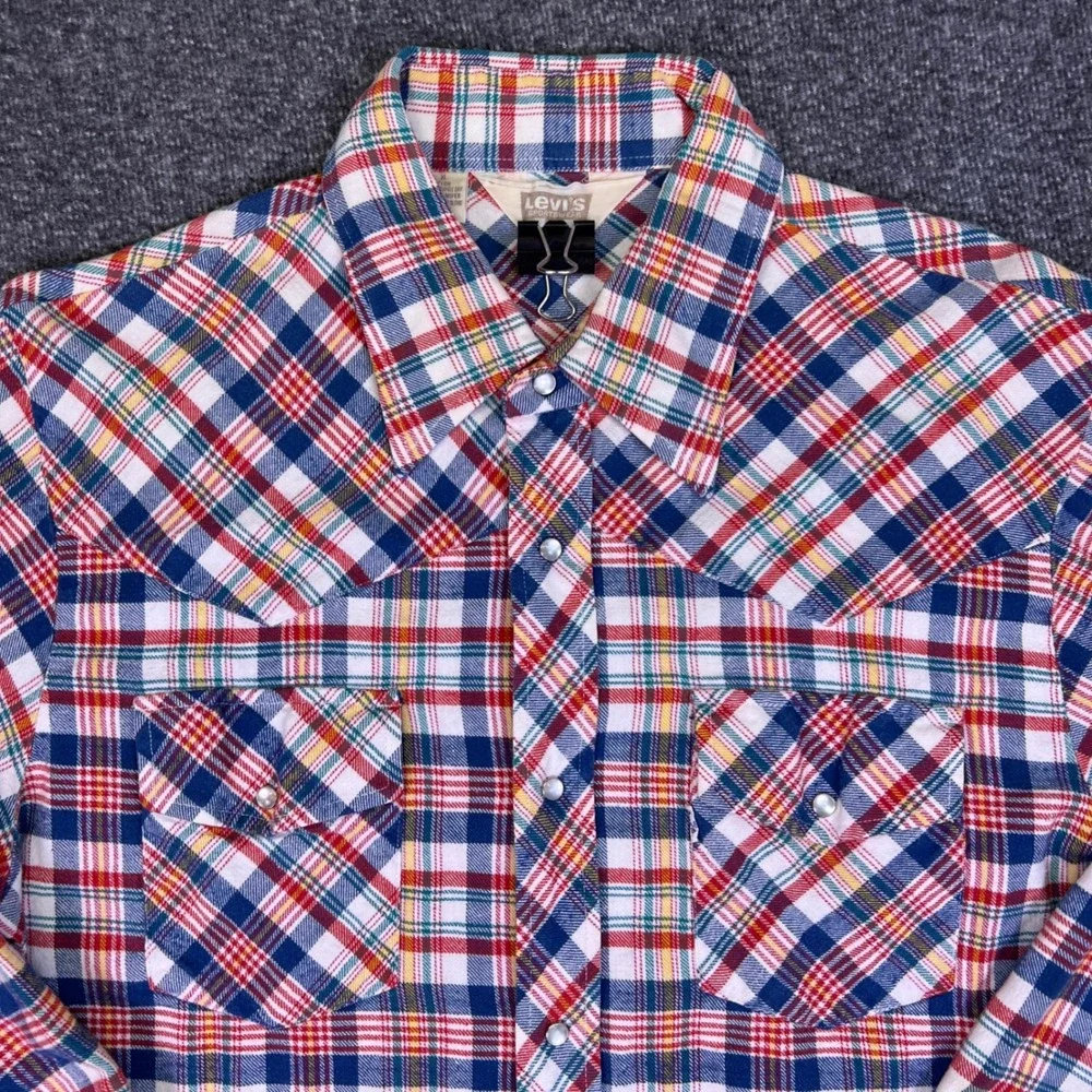 VTG 70s Levis Western Shirt Mens XL Plaid Snap‎ Sportswear Retro Big E White Tab
